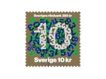 Rullfrimärke med motiv av typografiskt mönster av siffror och matematiska tecken med siffran tio i fokus.