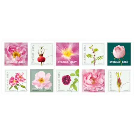 Frimärkshäfte med 10 frimärken, alla med olika rosmotiv.