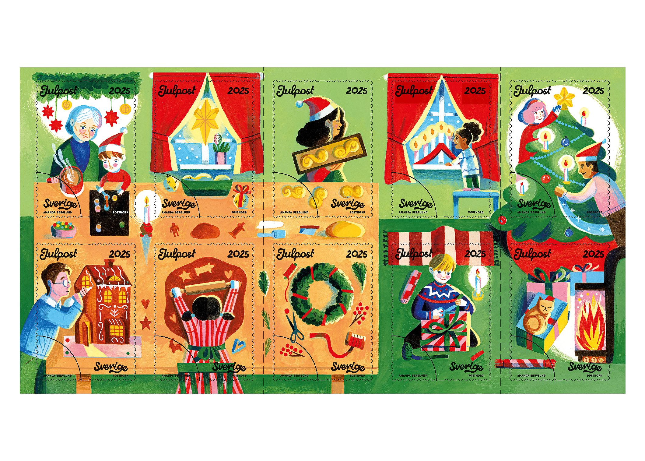 Frimärkshäfte med 10 frimärken, 10 motiv i en bild av julförberedelser.