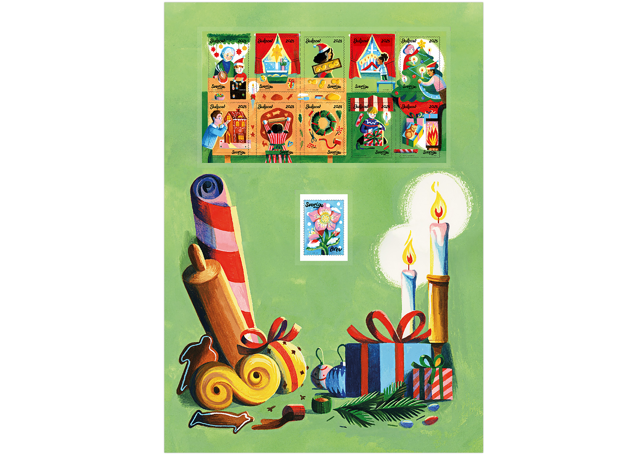 Utfallande färgillustration av saker förknippade med julstök.