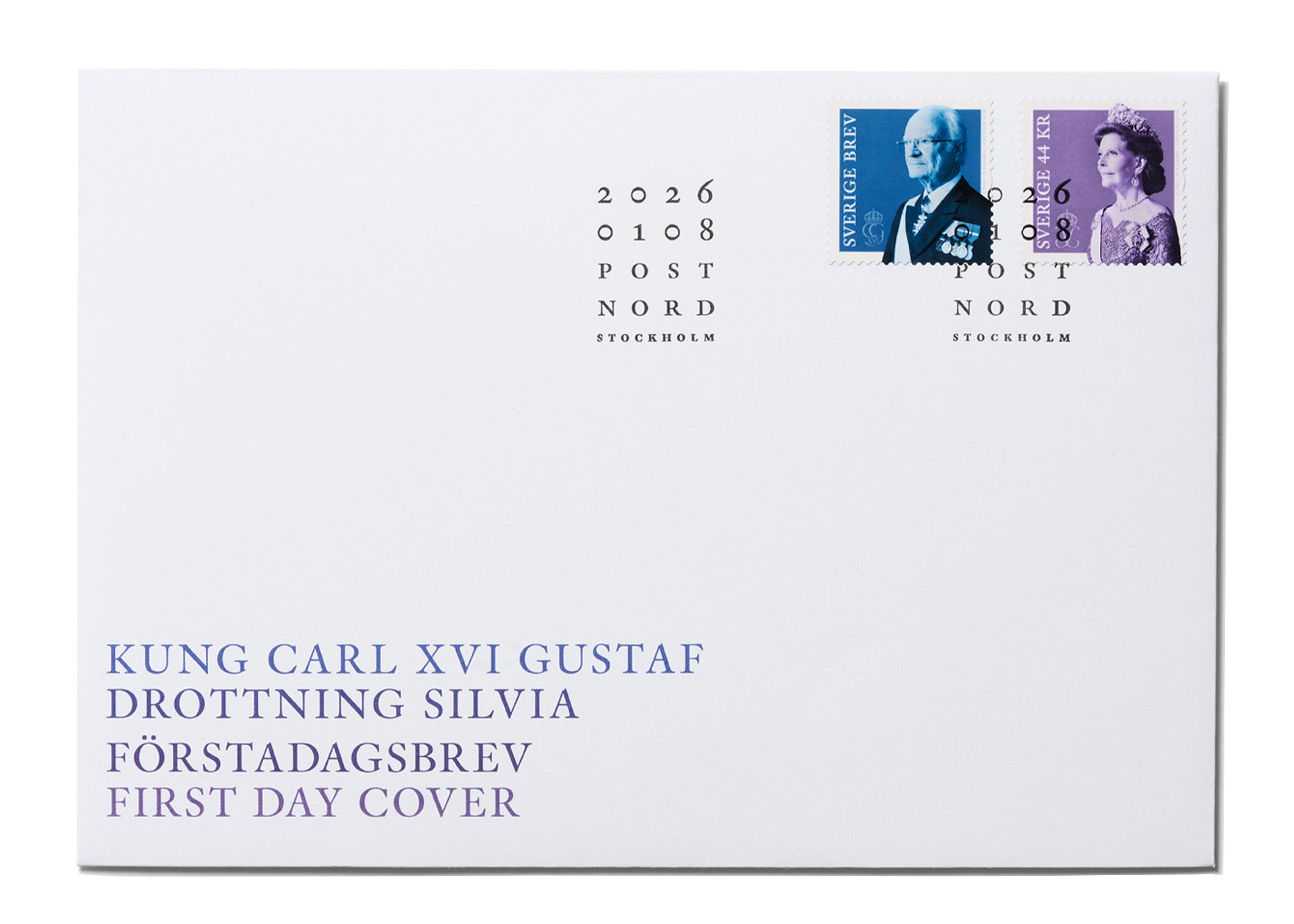 Kuvert med unik utgivningsstämpel och frimärken, med Kung Carl XVI Gustaf & Drottning Silvia.